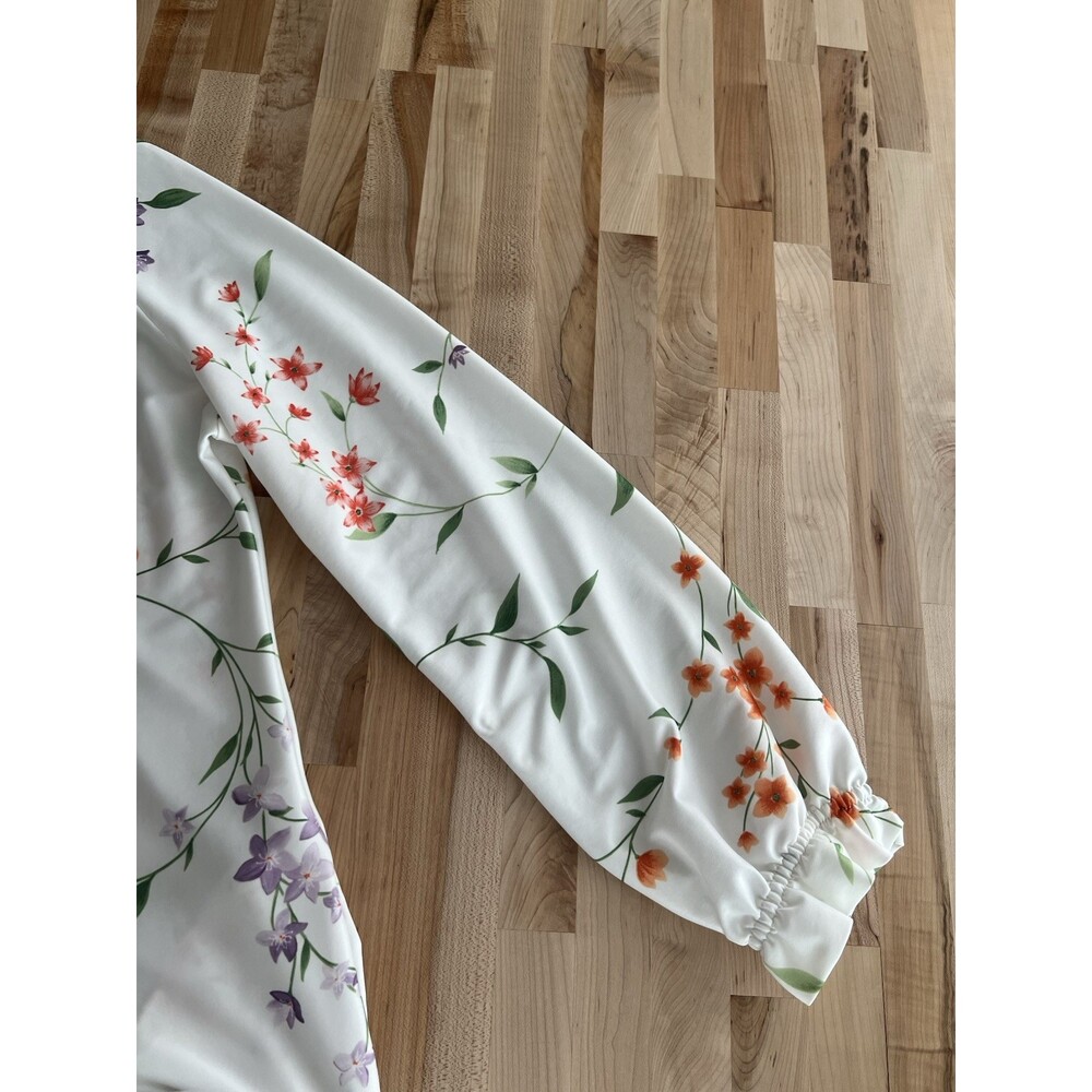 Vintage 60s 70s House Coat Robe Ruffle Neck White Orange Purple Floral Medium - Picture 6 of 15
